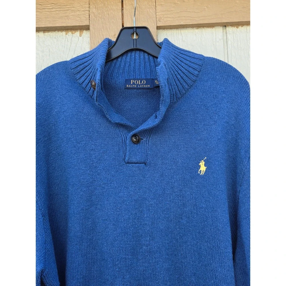 Polo Ralph Lauren Mens XL Blue Cotton Button Mock Neck Sweater Preppy Pony Logo